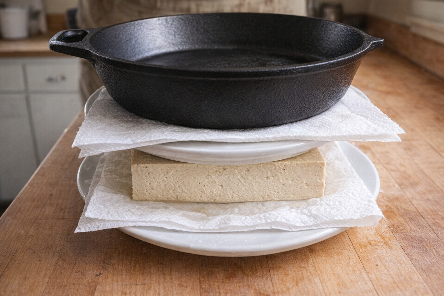 A top-down shot of a block of extra-firm tofu being pressed between two plates with paper towels, a cast-iron skillet on top for weight, natural kitchen lighting